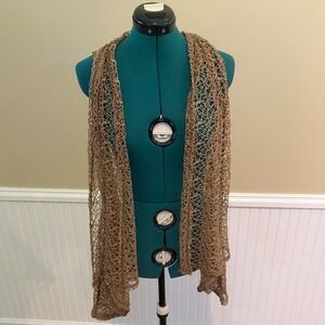 Scrap Work Women's Medium Brown Open Crochet Knit Draped Vest Boho lagenlook EUC